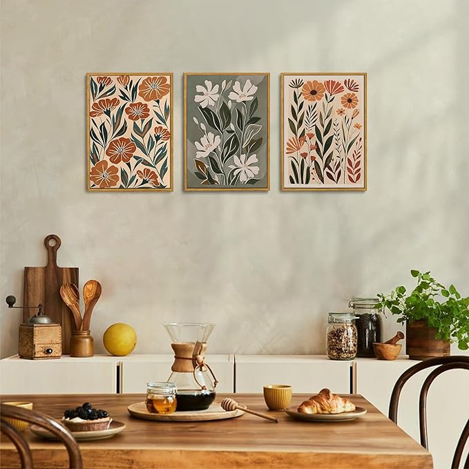 Wodkwq 3 Piece Flower Market Canvas Wall Art Framed,Boho Floral Wall Art,Abstract Botanical Wall Decor,Green Wildflower Modern Minimalist Paintings For Living Room Bedroom Bathroom 16x24in