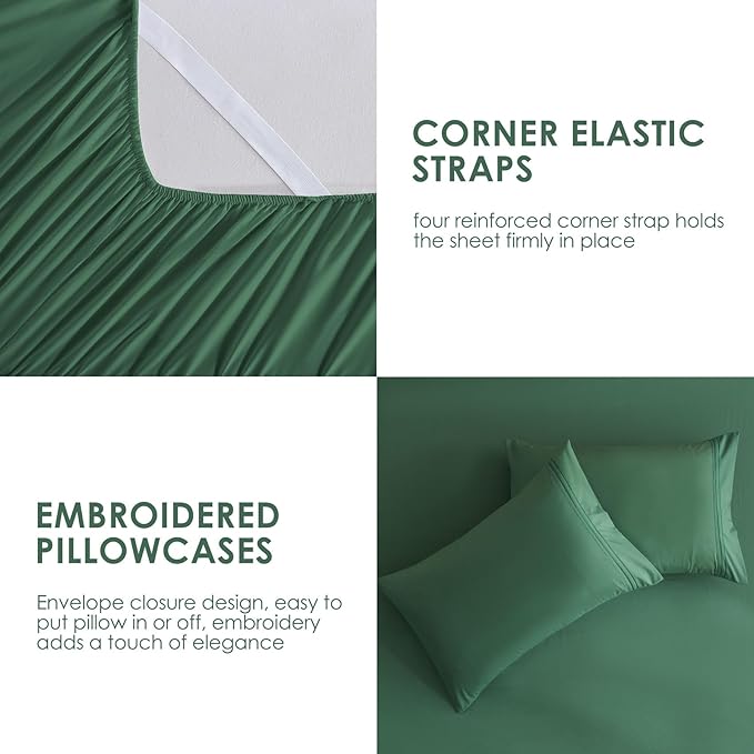 JSD Hunter Green Full Sheet Set with Side Pocket Corner Straps, 4 Piece Soft Microfiber Bed Sheets Extra Deep Pocket