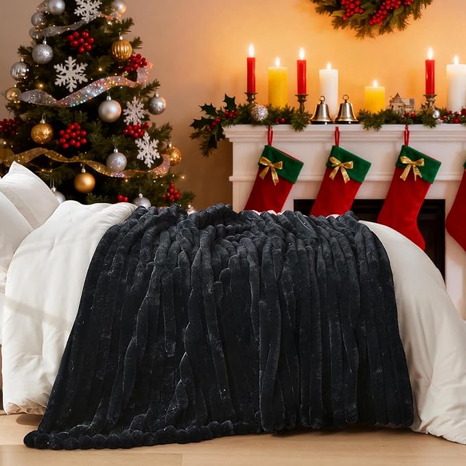Lotus Karen Blanket for Bed Queen Size, Cozy Soft Fluffy Fuzzy Black Blanket, Striped Warm Thick Furry Plush Shaggy Large Blankets for Women, 90x90 Inches