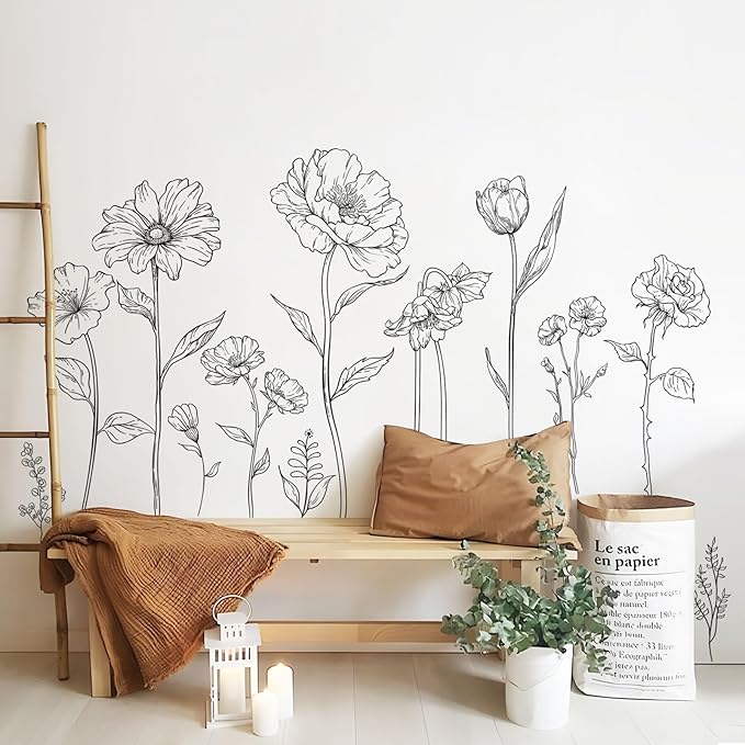 Large Black Boho Flower Wall Decals, 3 Sheets Simple Sketch Floral Wall Stickers Peony Wildflower Peel Stick Wall Art Decor Bedroom Home Room Office Garden Hall Adult Gifts for Mom(11.8x35.4 in/Sheet)