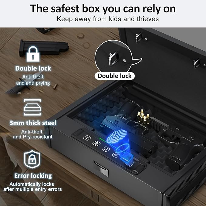 HARDROCK Gun Safe for Pistols, Biometric Wall Mounted Handgun Safe Box for Desk, Bedside,Truck，Drop Down Quick Access Security Safe with Fingerprint Keypad Lock for Home nightstand