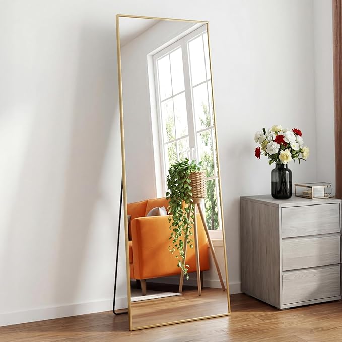DUMOS Full Length Mirror 19"x 58.5" for Bedroom, Full Body Mirror with Stand, Hanging or Leaning for Wall, Aluminum Alloy Thin Frame Floor Standing for Living Room, Long, Gold