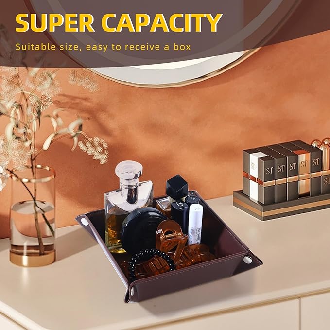 Valet Tray for Men Women 2 Pack - PU Leather Travel Catchall Tray Organizer - Desk Bedside Nightstand Storage Box for Jewelry Key Phone Remote Controller Wallet Watch Glasses Readers -Square