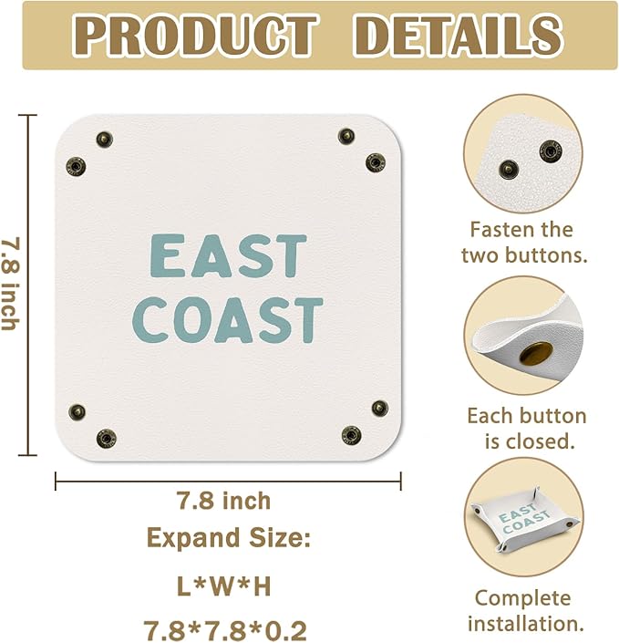 Coastal East Coast Jewelry Valet Tray for Women, Beach Lovers Gifts PU Leather Catchall Beside Caddy Nightstand Organizer Tray for Jewelry Rings Watches and Accessories, 7.87x7.87in