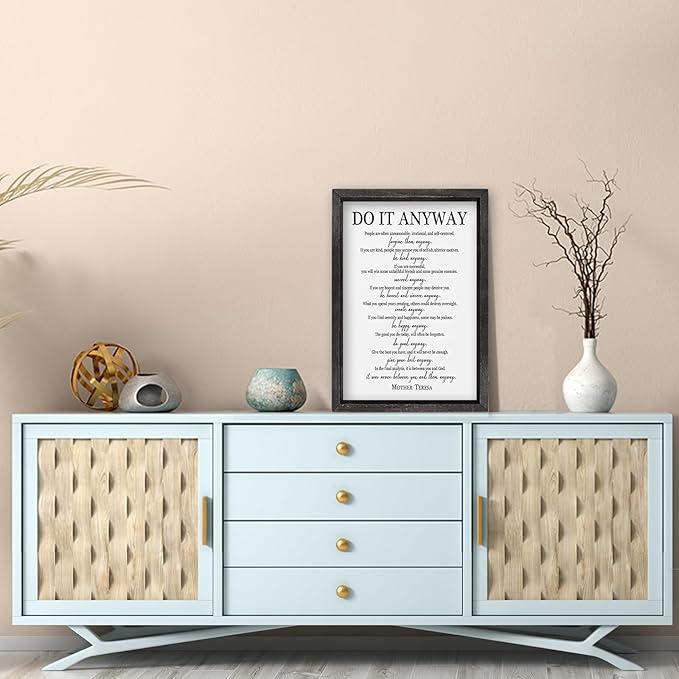comurdyo Do It Anyway Wall Decor 16"x11" Mother Theresa Quotes Inspirational Sign Bible Verse Christian Motivational Modern Bedroom Vintage Wood Framed Farmhouse Wall Hanging Art (Black)
