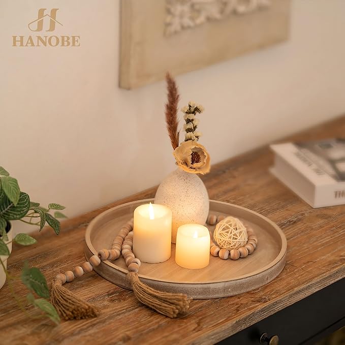 Hanobe Candle Plate Holder Tray: Whitewash Round Wood Candle Plate Decorative Centerpiece Small Tealight Pillar Trays for Living Room Dining Coffee Table Home Decor