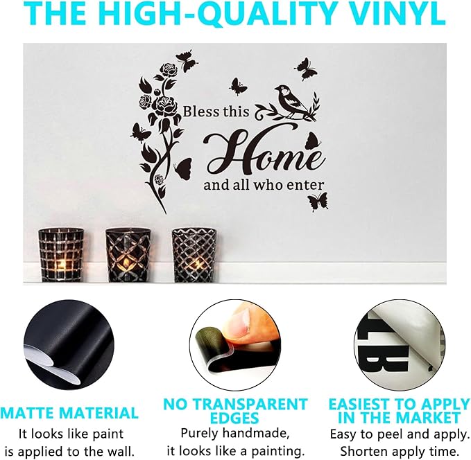 Family Wall Stickers for Living Room: Inspirational Home Quotes Vinyl Art Wall Decals for Kitchen Dining Room Bedroom Bathroom Apartment - Bless This Home and All Who Enter 18" X 15"