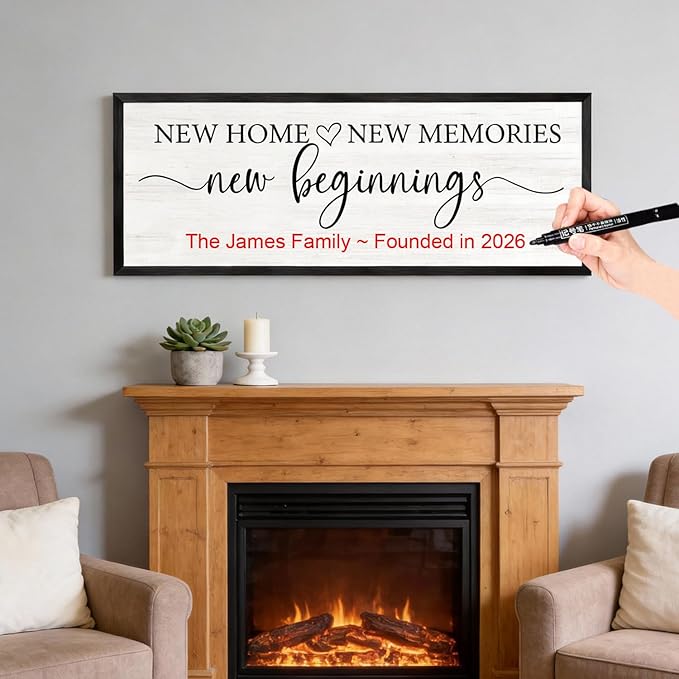 New Home, New Memories, New Beginnings Wall Decor Sign – 32x12 Inch Framed Wooden Sign with Writable Family Name & Year Space, Rustic Farmhouse Housewarming Gift for New Home, Entryway, Living Room, Black