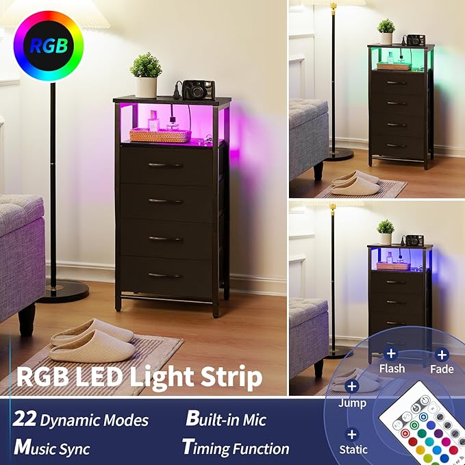 Yoobure Night Stand - Small Dresser for Bedroom, LED Black Nightstand with Charging Station, Bedside Table with 4 Fabric Drawers and Open Shelf, Vertical Dressers with USB Ports and Outlets