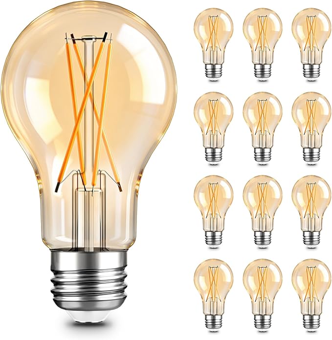 TJOY 12 Pack A19 Vintage LED Edison Bulbs, Dimmable, 60W Equivalent, High Brightness 2200K Amber White, 8W E26 Standard Base, 800 Lumens, CRI80+, Amber Glass Filament Bulb for Home, Farmhouse