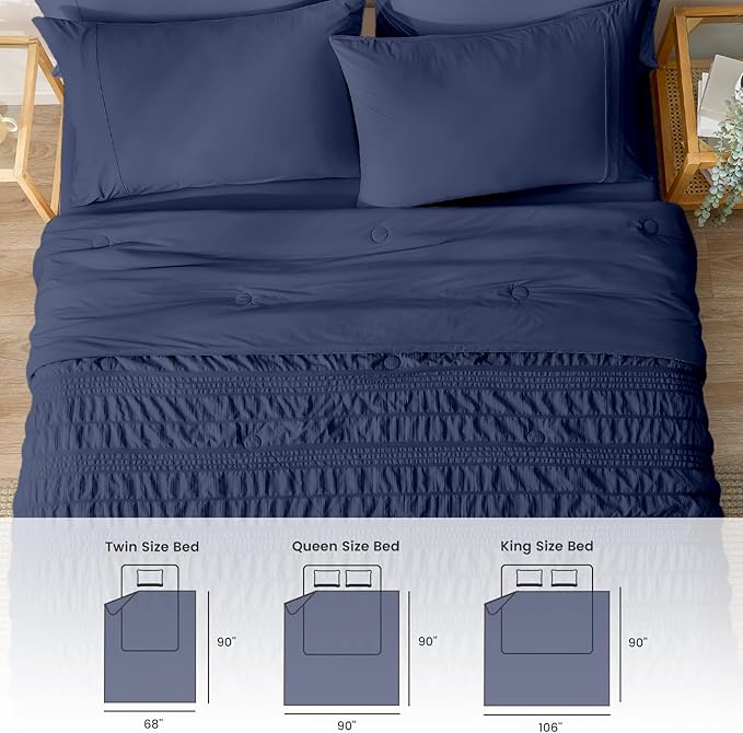 Cozy Bliss Striped Seersucker Cooling Comforter Twin Size, Lightweight Airflow Silky Cooling Bedding with Q-Max>0.45 for Bedroom, Home Decor, Hot Sleepers & Night Sweats, Navy Blue 68"x90"