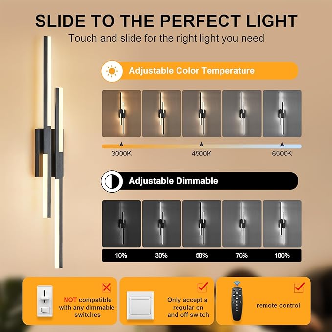 Modern LED Wall Sconce Black Remote Wall Light Fixtures for Bathroom, Dimmable Vanity Light Indoor LED Remote Wall Sconce for Living Dining Room Bedside Bedroom (3000-6500K 35.4inch)