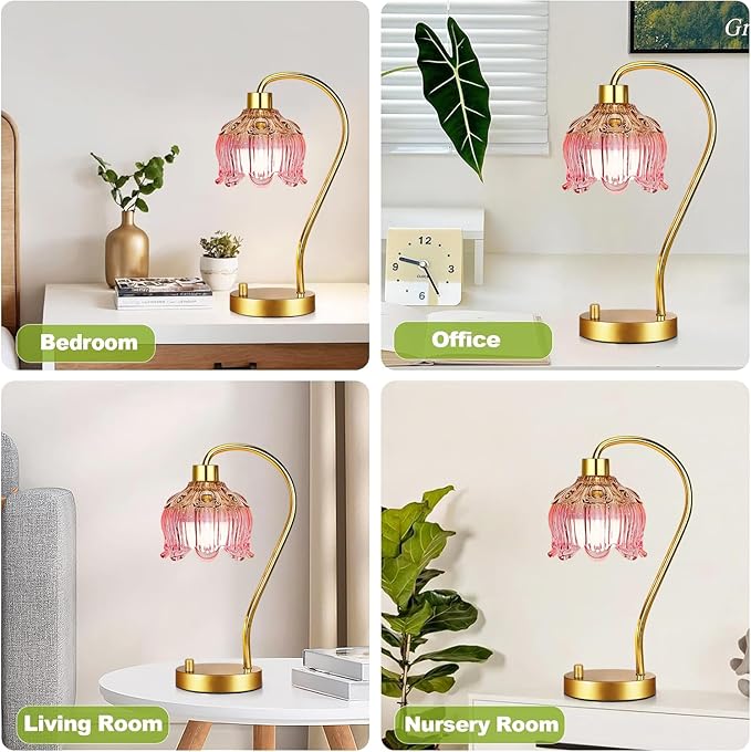 Pink Table Lamp Set of 2,Small Gold Bedside Lamps Dimmable Boho Bedroom Lamp with Tulip Flower Glass Lamp Shade,Vintage Mid Century Modern Mini Nightstand Lamp for Bedroom Living Room