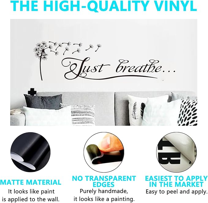 Yoga Quotes Wall Stickers for Bedroom: Zen Home Meditation Vinyl Art Wall Decals for Living Room Bathroom - Just Breathe 45" X 12.6"