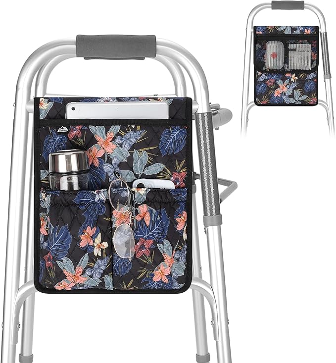 supregear Walker Bag, Universal Seniors Caddy Organizer with Multiple Pockets, Lightweight Accessories for Elderly, Rollators, Wheelchairs and Bedside Rails, Easy to Use Storage Pouch, Floral Black