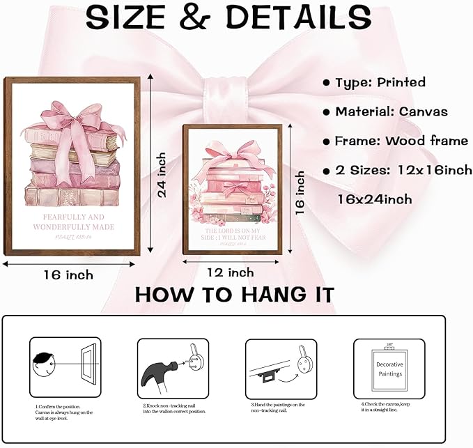 Pink Bow And Book Canvas Wall Art Set of 3, Coquette Trendy Preppy Cute Girl Posters Prints Wall Decor, Book Lovers Gifts for Girls Room College Apartment Living Room Bedroom 16x12In Wood Framed