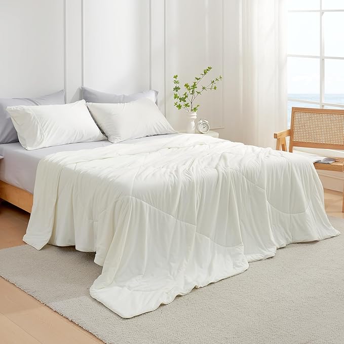 Cozy Bliss Cooling Comforter Twin Size, Cooling Blankets for Hot Sleepers and Night Sweats, Cream Summer Comforter for Twin Size Bed, Breathable Soft Lightweight Silk Smooth