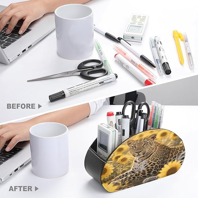 Sunflower Leopard Remote Control Holder Organizer Box with 5 Compartment PU Leather Bedside Storage Caddy Remote Organizer for Controller Media Player Pen/Pencil Storage