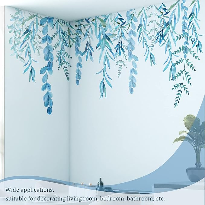 Blue Hanging String of Willow Wall Decals Peel and Stick, Large Plants Vinyl Wall Stickers, Removable Vine Home Decor Art for Bedroom Living Room Classroom Office