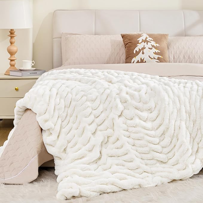 Touchat Ruched Faux Rabbit Fur Blanket, 700 GSM Luxury Dual-Sided Soft Cozy Blanket, Fuzzy Fluffy Plush Throw for Bed, Couch and Sofa - 60"x80", Cream White