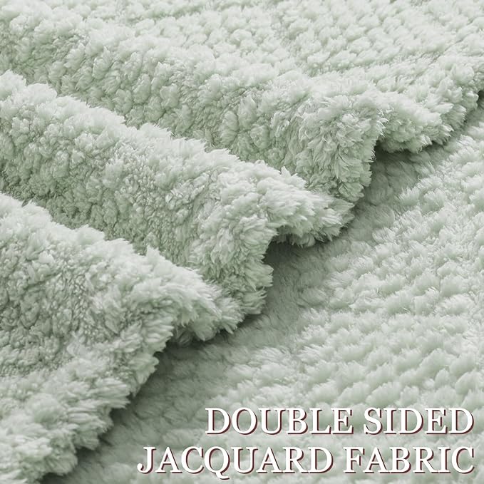 Whale Flotilla Fuzzy Fleece Queen Size Blanket for Bed, Soft Fluffy Jacquard Waffle Blankets for All Season, Lightweight and Warm, 90x90 Inch, Sage Green