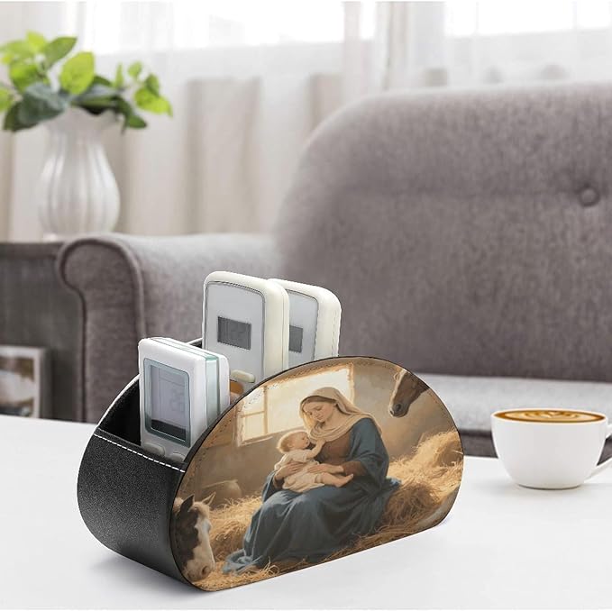 Virgin Mother Mary Remote Control Holder Organizer Box with 5 Compartment PU Leather Bedside Storage Caddy Remote Organizer for Controller Media Player Pen/Pencil Storage