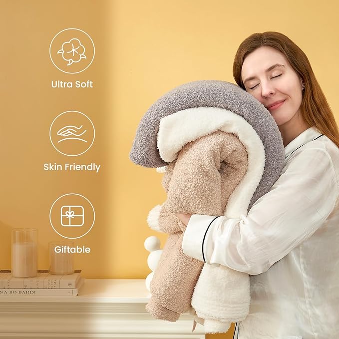 Snuggle Sac Beige Bedding Blankets Queen Size 90x90 inches, Reversible Microfiber Fluffy Fuzzy Soft Throw Cozy Knit Blanket for Women Mothers Birthday Gifts