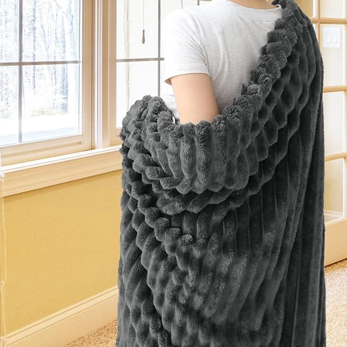 Vessia Flannel Fleece Throw Blanket for Couch,Sofa,Bed, 300GSM Striped Grey Throw Blanket for Adults and Kids, Super Soft Warm Cozy Lightweight Home Decor for All-Season(50x70inch)