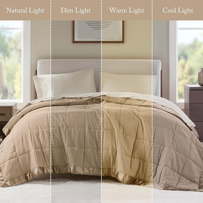 Madison Park Windom Down Alternative Blanket, Premium 3M Scotchgard Moisture Wicking Treatment, Lightweight and Soft Bed Cover For All Season, Satin Trim, Brown King