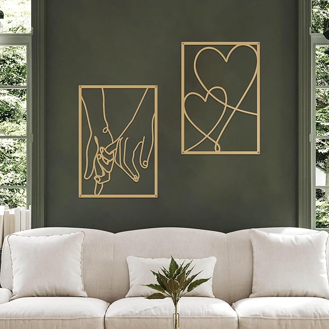 3 Pieces Metal Minimalist Line Wall Art, Valentine's Day Lover Kiss Hand Metal Wall Decor, Aesthetic Modern Home Hanging Wall Art Decor for Bedroom Bathroom Living Room (Gold)