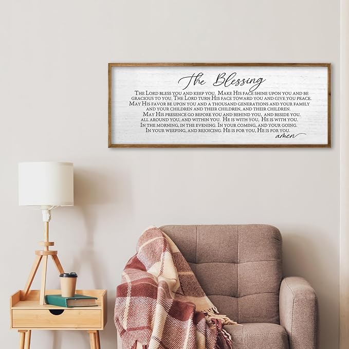 TQianJiang Christian Inspirational Quote Wall Decor The Blessing May The Lord Bless You Sign Scripture 40"×15" Home Bible Verse Positive Sayings for Catholic Living Room Religious Wall Art (Wood)