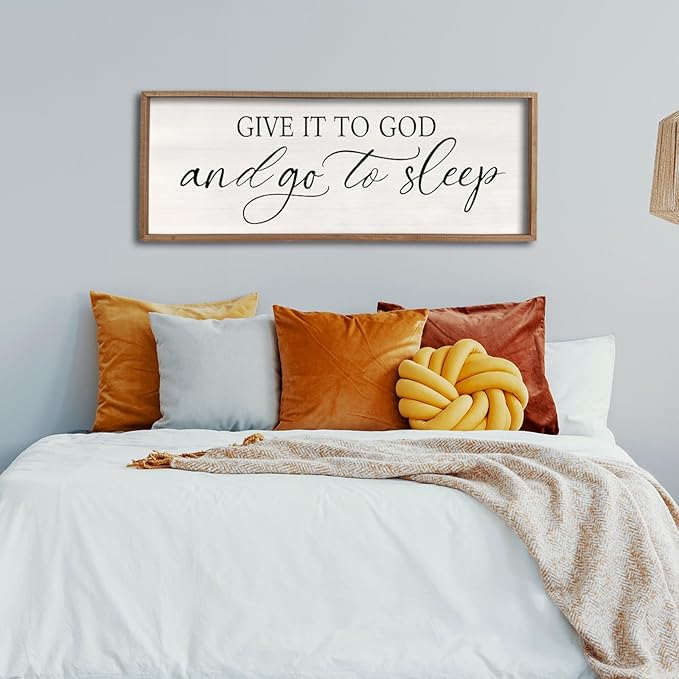 comurdyo Christ Religious Wall Decor Give It To God And Go To Sleep Sign 40"×15" for Christian Prayer Holy Modern Rustic Simple Master Bedroom Above Over Bed Wall Decor Plaque Hanging (Wood)