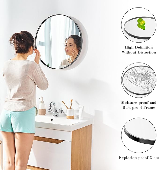 Sweetcrispy 24-inch Black Round Wall Mirror, Circle Bathroom Mirrors with Metal Frame, Wall-Mounted Mirrors for Living Room, Bathroom, Entryway