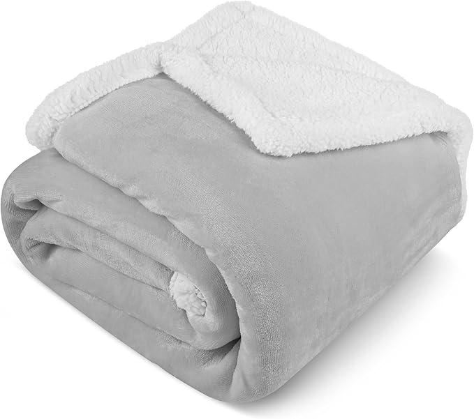 PAVILIA Sherpa Fleece Throw Blanket for Couch, Twin Size, Light Grey, Plush Soft Fuzzy Sofa Blanket, Cozy Reversible Winter Throw for Women Men, 60x80 Inches