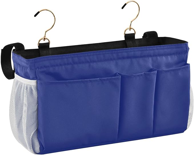 DOMIKING Blue Bedside Caddy for Dorm Bed Recliner Armrest Organizer with Hooks Haning Storage Bags for Headboards Rails Bunk Bed