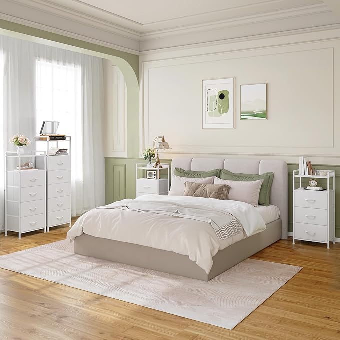 Somdot Nightstand with 3 Drawers, Dresser with Fabric Bins for Bedroom, Hallway, Entryway, Night Stand Bedside Table Furniture, Sturdy Steel Frame, Wooden Top, Easy Pull Fabric Bins, White Leather