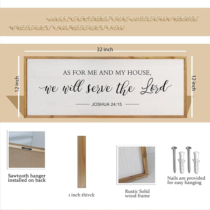 comurdyo Christian Wall Art As For Me And My House We Will Serve The Lord Joshua 24:15 Bible Verse Sign 32×12 Inch Scripture Plaque for Bedroom Above Bed Large Wood Framed Wall Decor (Wood)