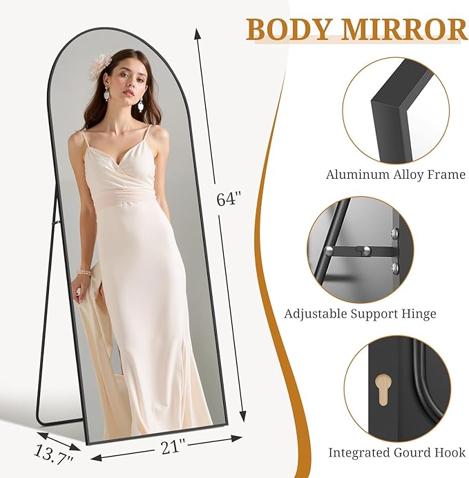 Full Length Mirror 64"x21" Full Body Mirror Arched Free Standing Wall Mounted Leaning Floor Mirrors with Stand Aluminum Alloy Frame for Bedroom Cloakroom, Black