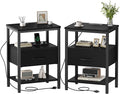 DUMOS Nightstand Set of 2 with Wireless Charging Station Bed Side Tables with Adjustable Fabric Drawers 3-Tier Storage End Tables Modern Design,Black