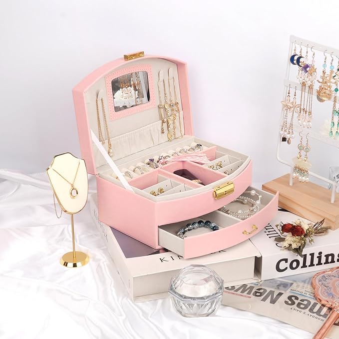 Jewelry Box Organizer, PU Leather Double Layer Jewelry Organizer with Drawer and Mirror, Lockable Jewelry Storage Organizer for Rings Earrings Necklaces, Portable Jewelry Box for Home and Travel
