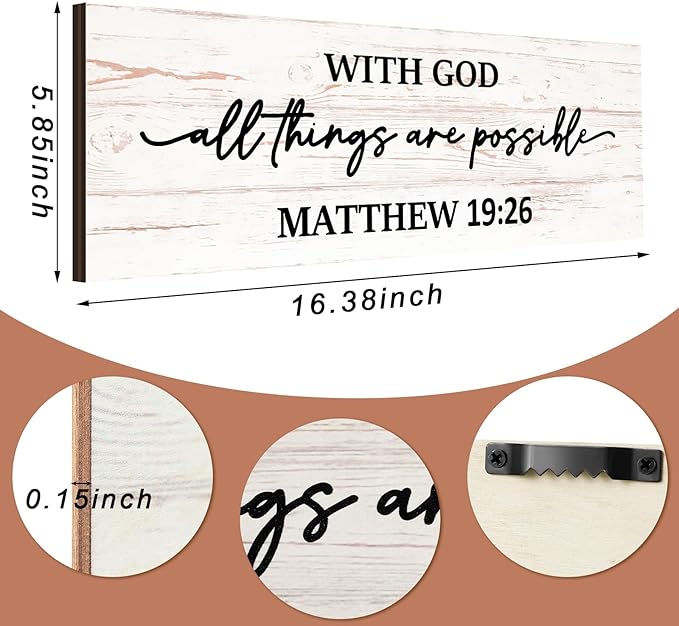 Jetec Farmhouse Bible Verse Scripture Wall Signs, with God All Things Are Possible Wooden Plaque Decor for Church Home Christian Wall Art Decor(17 x 6 Inch, Matthew)