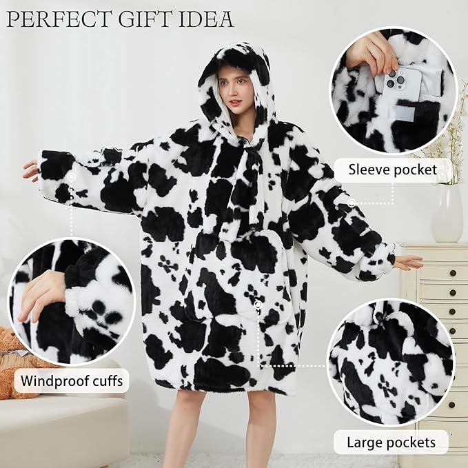 Softan Blanket Hoodie, Oversized Fleece Wearable Blankets for Women and Men Gifts, Cozy Warm and Soft Sweatshirt Blanket with Large Pocket, Cow Print