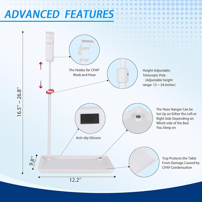 Bedside Retractable CPAP Hose Holder - (Wall-Damage-Free) White Adjustable Height Hook for Hanging Mask & Tubing to Keep CPAP Supplies Tidy & Boosts Sleep Quality