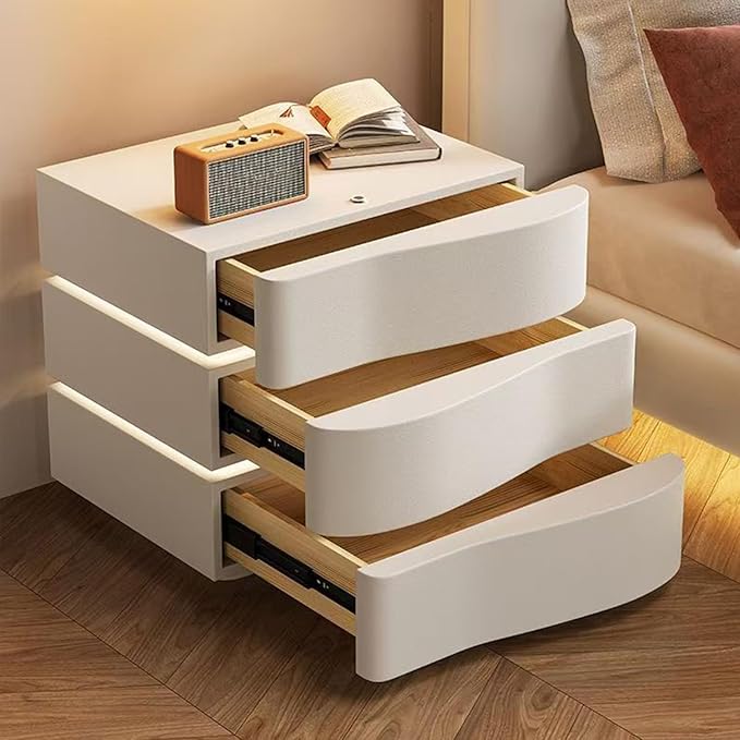 Modern Nightstand with LED Light, Leather Night Stand with Drawer, Solid Wood Bedside Table (3 Drawers, White)