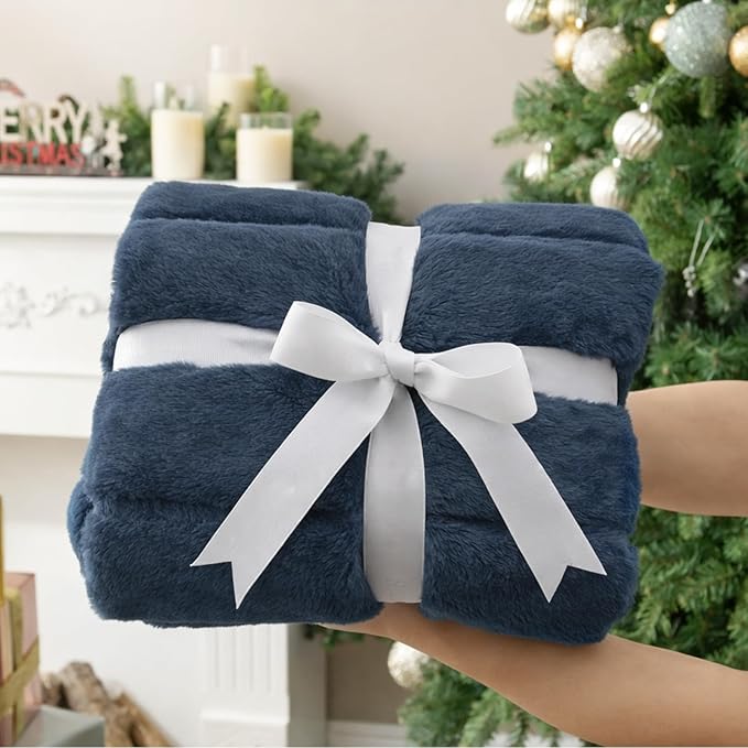 Cozy Bliss Deluxe Sheared Rabbit Faux Fur Throw Blanket, Soft Fuzzy High-Low Sculpted Plush Blanket for Couch, Cozy Home Accent, All Season Use, Blue 60"x80"