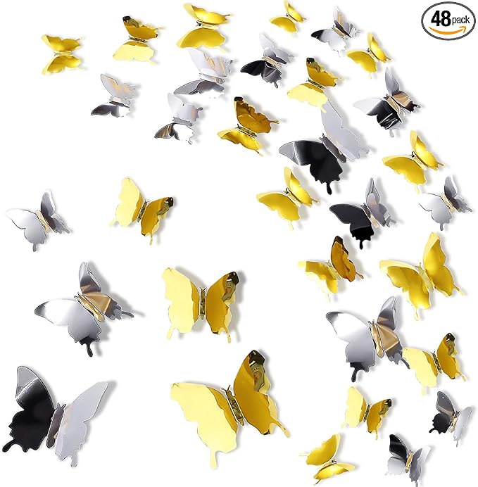 BBTO 48 Pieces Butterfly Wall Decor DIY 3D Mirror Butterfly Stickers Removable Decals Crafts for Birthday Party Bedroom School Bathroom Living Room Decor(Gold,Silver)