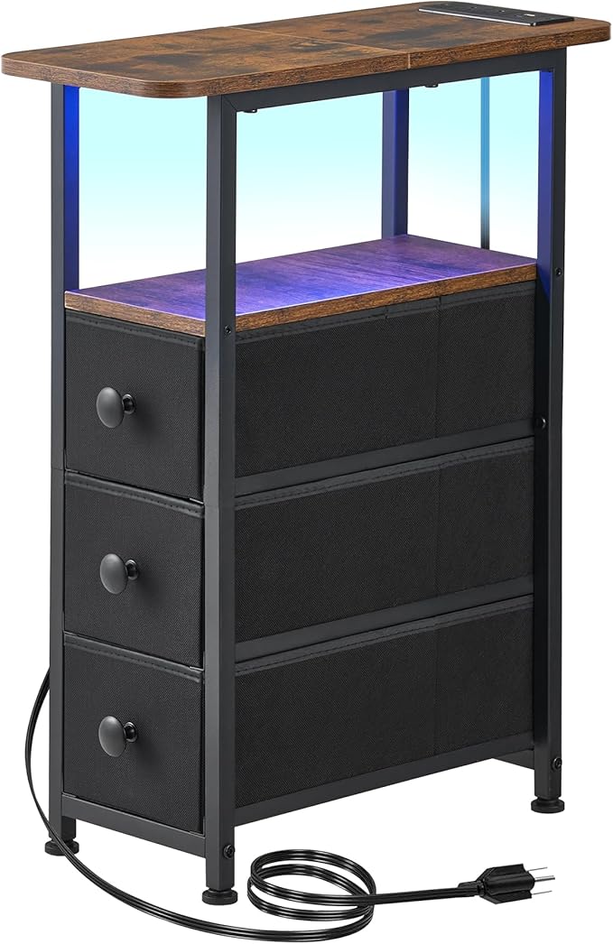 Narrow End Table with Charging Station, Narrow Side Table with Drawer, Small Nightstand with LED Light, Skinny Nightstand, Small Bedside Table for Living Room, Bedroom, Couch, Rustic Brown