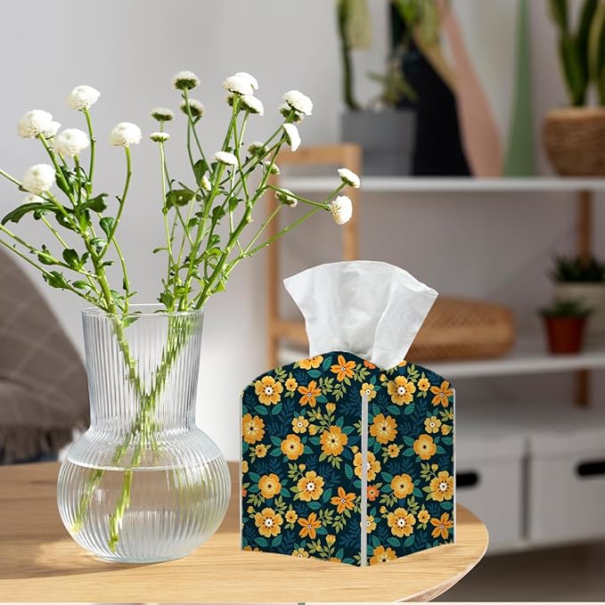 Tissue Box Cover, Tissue Box Holder, Square with Belt Bottom, PU Leather Decorative Organizer for Desk, Tabletop, Countertop Bathroom, Toilet Car, Office, Dresser, Aesthetic Yellow Flower Decor