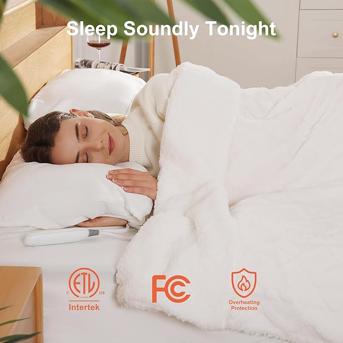 Heated Throw Blanket 50"x60" with 5 Heating Levels & 4 Hours Auto Off, Soft & Plush Sherpa Electric Blanket Throw with ETL & FCC Certification for Home Use, Machine Washable, Great Gift, White