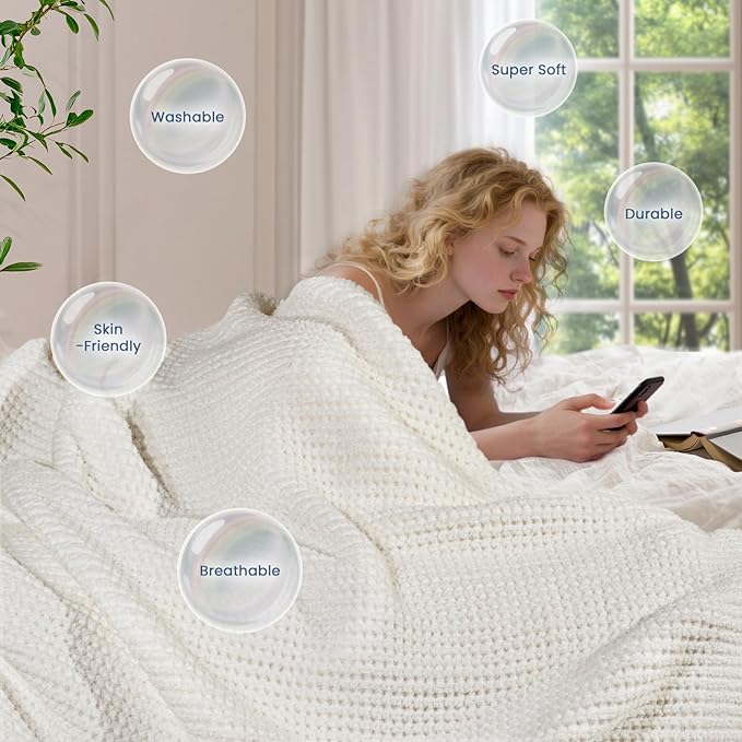 Waffle Knit Throw Blanket, Luxury Cozy Chunky Knit Throw Blanket for Couch, 50 x 60 Inch Thick Ultra-Soft Feather Yarn Knitted Blanket for Sofa, Bed, Home Decor - Off White